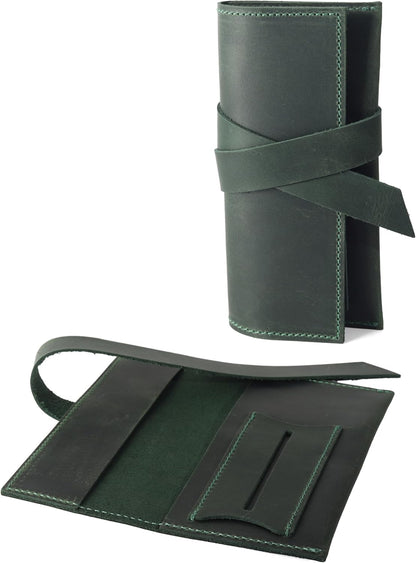 Handcrafted Genuine Leather Tobacco Pipe Pouch – Compact Pipe Roll Organizer for Smoking Accessories – Black Travel Case with Slots for Pipe, Tobacco, Filters & Matches