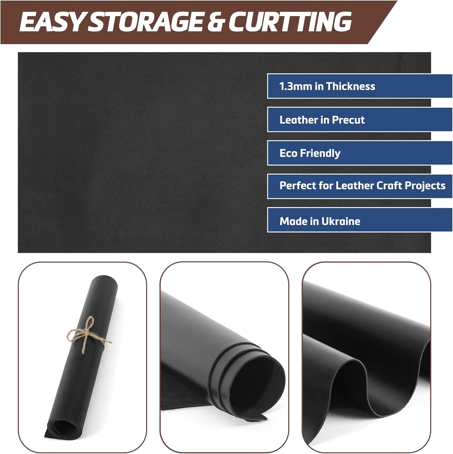 12''X24'' Full Grain Black Leather Sheets for Crafts - Pieces for Leather Working - 1.3MM Thick Cowhide Pieces - Sheet for Sewing Hobby Arts and Crafts