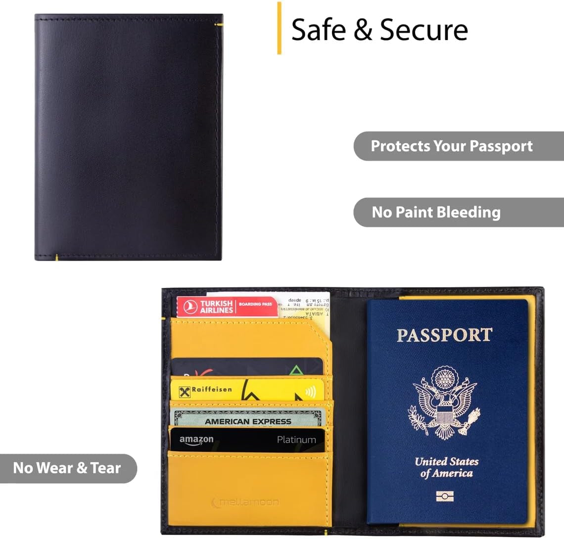 Leather Passport Holder for Men & Women – Genuine Leather RFID Travel Wallet – Slim Handmade Passport Cover with Card Slots & Document Pockets – Bicolor Black & Yellow Design