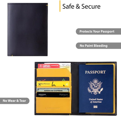Leather Passport Holder for Men & Women – Genuine Leather RFID Travel Wallet – Slim Handmade Passport Cover with Card Slots & Document Pockets – Bicolor Black & Yellow Design