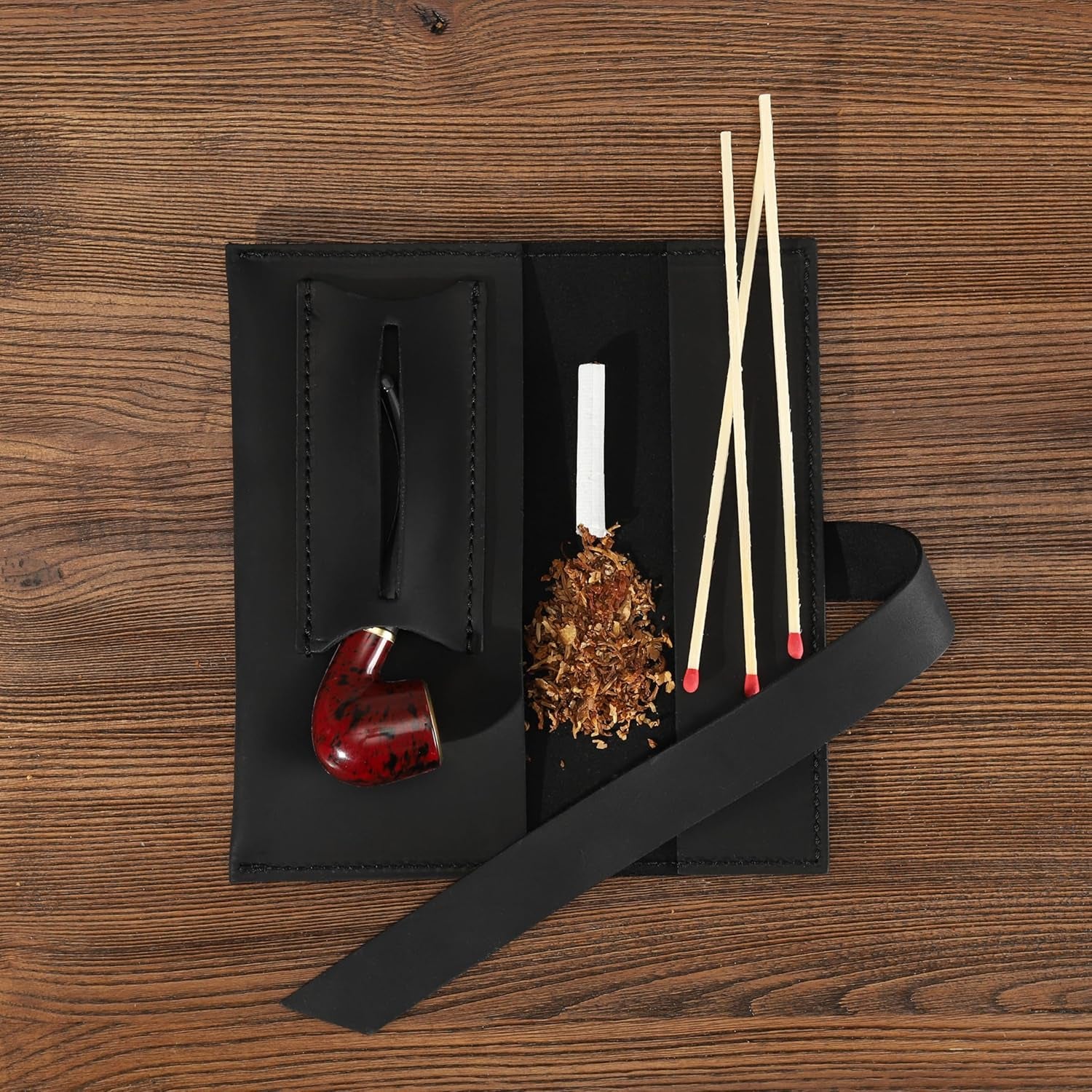 Handcrafted Genuine Leather Tobacco Pipe Pouch – Compact Pipe Roll Organizer for Smoking Accessories – Black Travel Case with Slots for Pipe, Tobacco, Filters & Matches