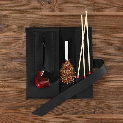 Handcrafted Genuine Leather Tobacco Pipe Pouch – Compact Pipe Roll Organizer for Smoking Accessories – Black Travel Case with Slots for Pipe, Tobacco, Filters & Matches