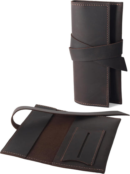 Handcrafted Genuine Leather Tobacco Pipe Pouch – Compact Pipe Roll Organizer for Smoking Accessories – Black Travel Case with Slots for Pipe, Tobacco, Filters & Matches