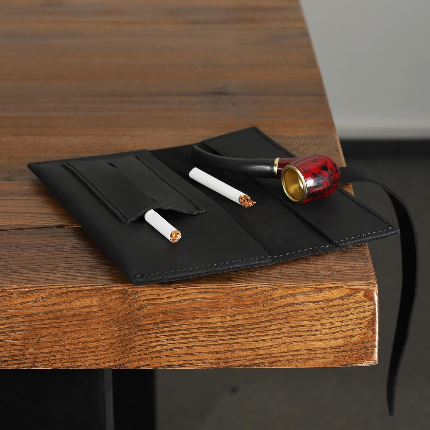 Handcrafted Genuine Leather Tobacco Pipe Pouch – Compact Pipe Roll Organizer for Smoking Accessories – Black Travel Case with Slots for Pipe, Tobacco, Filters & Matches