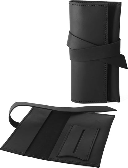 Handcrafted Genuine Leather Tobacco Pipe Pouch – Compact Pipe Roll Organizer for Smoking Accessories – Black Travel Case with Slots for Pipe, Tobacco, Filters & Matches