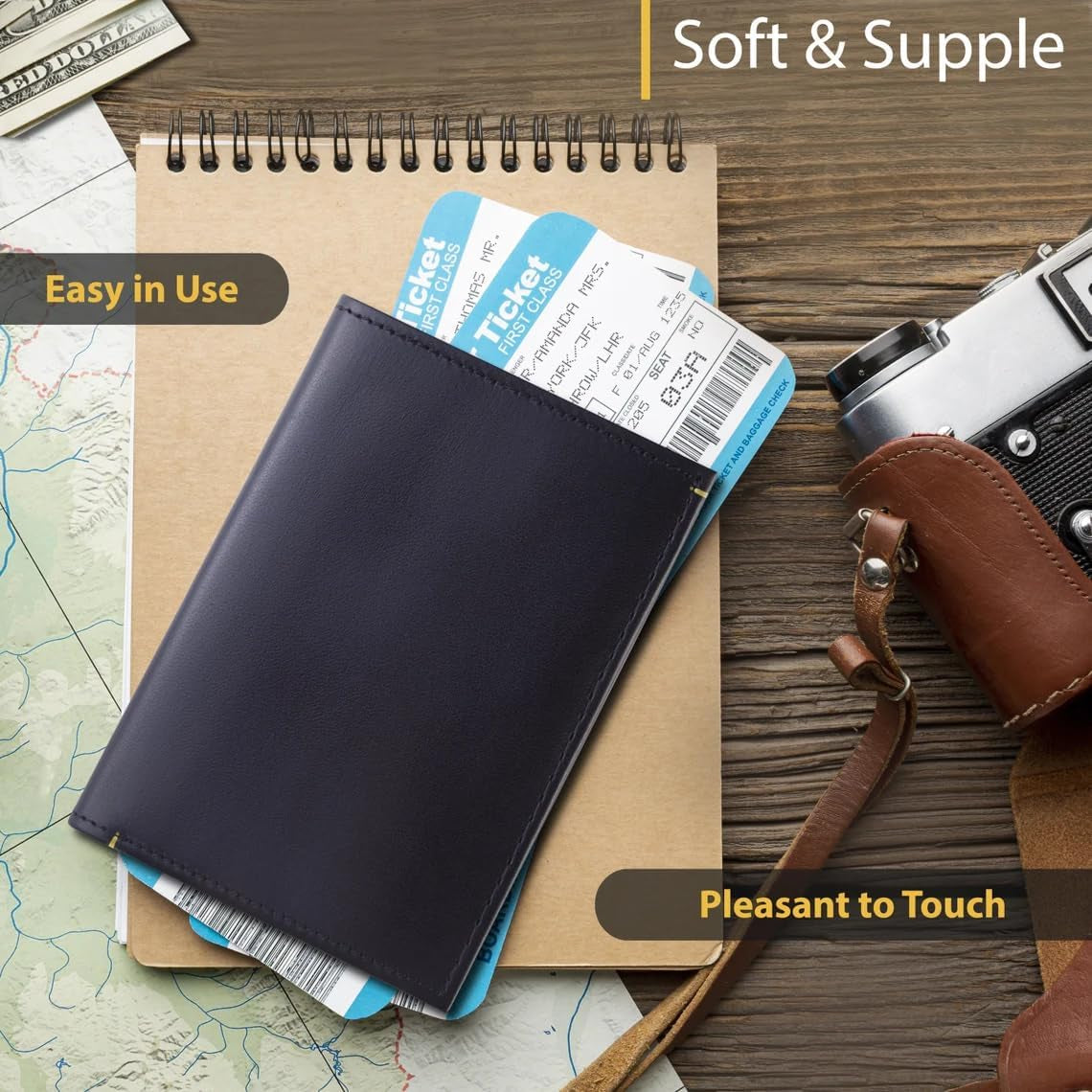 Leather Passport Holder for Men & Women – Genuine Leather RFID Travel Wallet – Slim Handmade Passport Cover with Card Slots & Document Pockets – Bicolor Black & Yellow Design